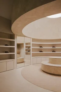 A modern retail space featuring a concrete shoe display shelf.