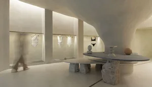 A modern retail space featuring a minimalist interior with concrete walls and a sophisticated clothing display.