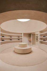 Circular retail storefront interior with concrete floor, glass walls, and minimalist design.