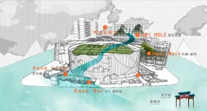 Illustration of an aquarium's floor plan showing various sections such as Aqua Live, Aqua Bar, and Aqua Walk.