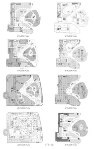Detailed architectural floor plans for different levels of a commercial building, showcasing the layout and design of various