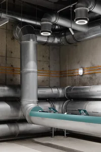 An industrial building interior featuring exposed metal pipes and concrete walls.