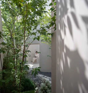 A minimalist garden featuring concrete paths, gravel, and lush foliage.