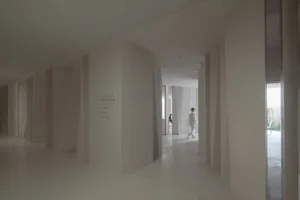 A minimalist interior design featuring concrete walls.