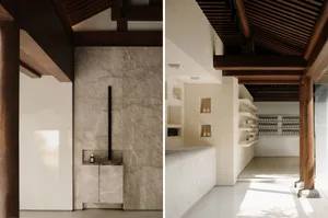 Minimalist retail space featuring a marble wall and countertops.