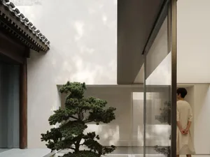 Minimalist interior design featuring a white wall, glass door, and wooden floor.