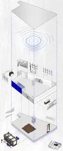 Modern architecture white concrete floor plan featuring glass, wood, and LED light elements