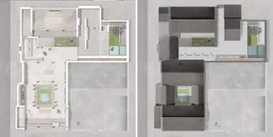 A 2D architectural blueprint of a modern building with concrete materials and spacious areas.