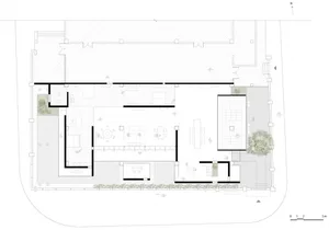 Floor plan of a modern living room with open layout, kitchen area, and outdoor space.