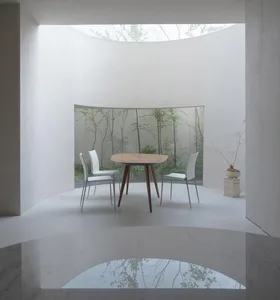 A minimalist interior space with a white table and chairs surrounded by greenery.
