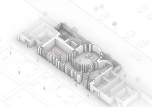 A 2D architectural drawing of a modern office space with a concrete floor plan.