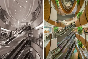 An image depicting a modern shopping mall interior with metal, glass, and greenery elements.