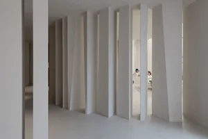 Modern white interior design featuring minimalist architecture and white plaster walls.