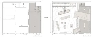 Floor plan of an office layout design with furniture and dimensions.