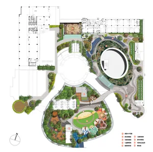 A rendered architectural plan of a green outdoor space with paved areas and water features.