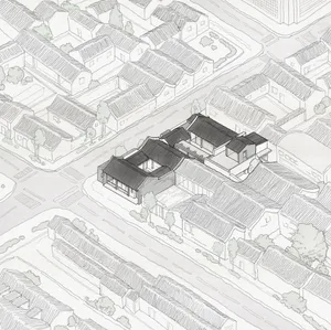 A detailed illustration of an architectural plan for a townhouse with a focus on urban design elements such as streets, build