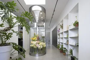 A modern flower shop with glass enclosures and potted plants.