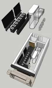 A modern retail storefront with glass walls and wooden accents.