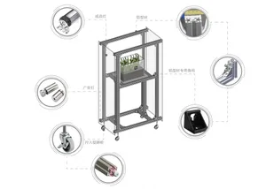A metal display case with glass shelves and wheels