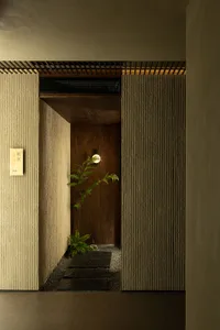 A minimalist entryway featuring wooden textured walls and a wooden door with a small potted fern plant.