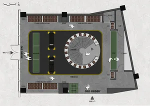 2D architectural drawing of a retail space with modern design elements and concrete flooring.