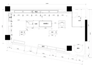 零售店的2D建築圖，包含倉庫、展示區與儲藏空間。