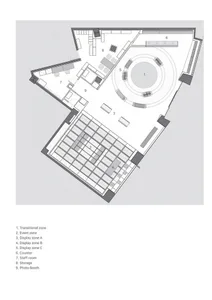 Floor plan of an event space with mixed materials and functional zones.