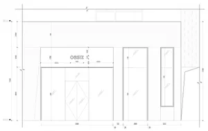 A technical drawing of a modern storefront with glass storefront and concrete facade.