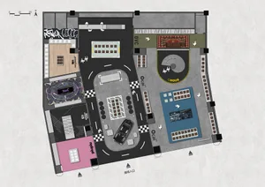 A detailed photograph of an interior space with various furniture and design elements.