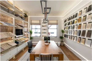 Modern minimalist office featuring wood accents and decor.