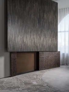 A modern residential interior featuring wood elements and a geometric carpet pattern.