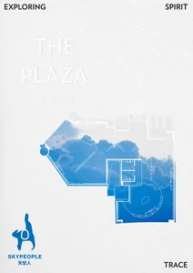A blueprint-like architectural drawing of the Plaza, featuring blue clouds.