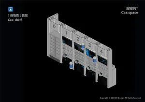 Industrial metal storage shelves with blue lights in a 3D perspective view