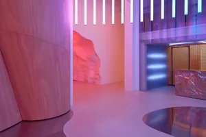 Modern interior design with metallic platforms and illuminated elements.