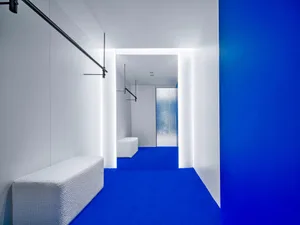 A minimalist office space with white walls and a blue carpet.