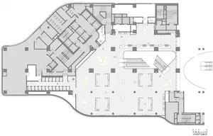Office building floor map showing various functional zones in a technical blueprint style.