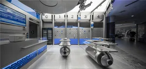 Modern industrial storefront with metallic elements and a futuristic design