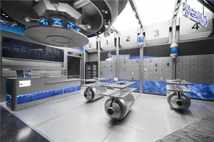 A modern electronics store with metallic interiors and blue accents.