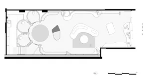 A meticulously designed architectural floor plan of a contemporary interior space with concrete elements.