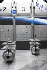 A futuristic space laboratory with metallic carts and glass structures, featuring a planet view backdrop and numbered lockers