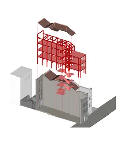 A 3D architectural rendering showcasing a building renovation with steel framing and an upper-level extension.