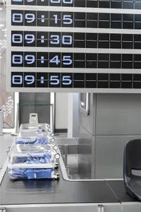 一排機場報到櫃檯，時間分別為9:15、9:30、9:45與9:55。