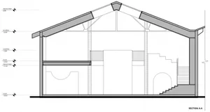 Monochrome architectural cross-section illustration of a split-level home showing interior design elements such as staircases