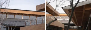 Modern building interiors featuring wooden roof structure and glass windows.
