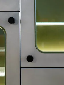 Modern metallic interior fixture with round knobs and frosted glass panel.