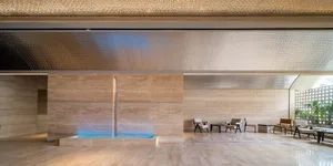 Modern lobby with marble floor and walls