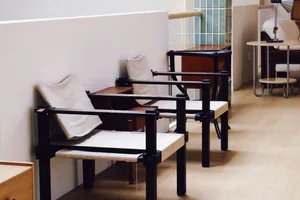 Modern metal and cloth furniture in a waiting room setting