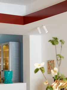 A modern retail shop interior with neutral-colored walls and red accents, featuring a white wall, white ceiling with a red tr