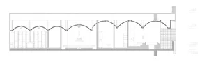 A detailed 2D architectural drawing of a modern retail storefront with an open layout, large windows, and a central staircase