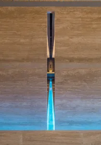 Modern swimming pool with blue light and wooden walls